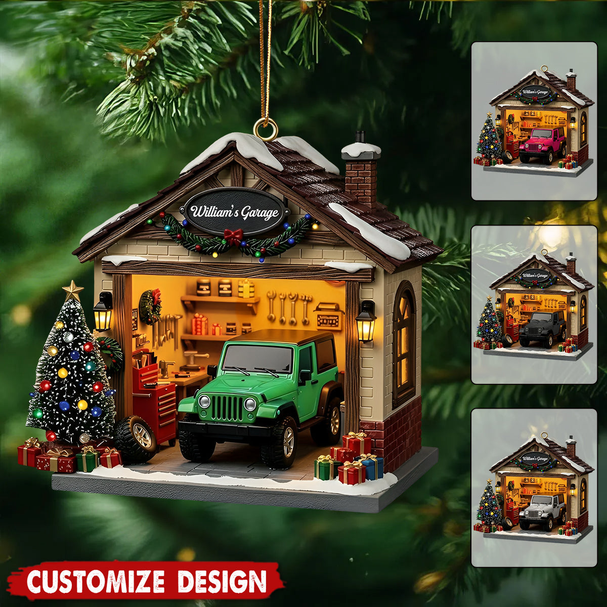 Personalized Garage Scene Christmas Ornament - Gift For Car Enthusiasts