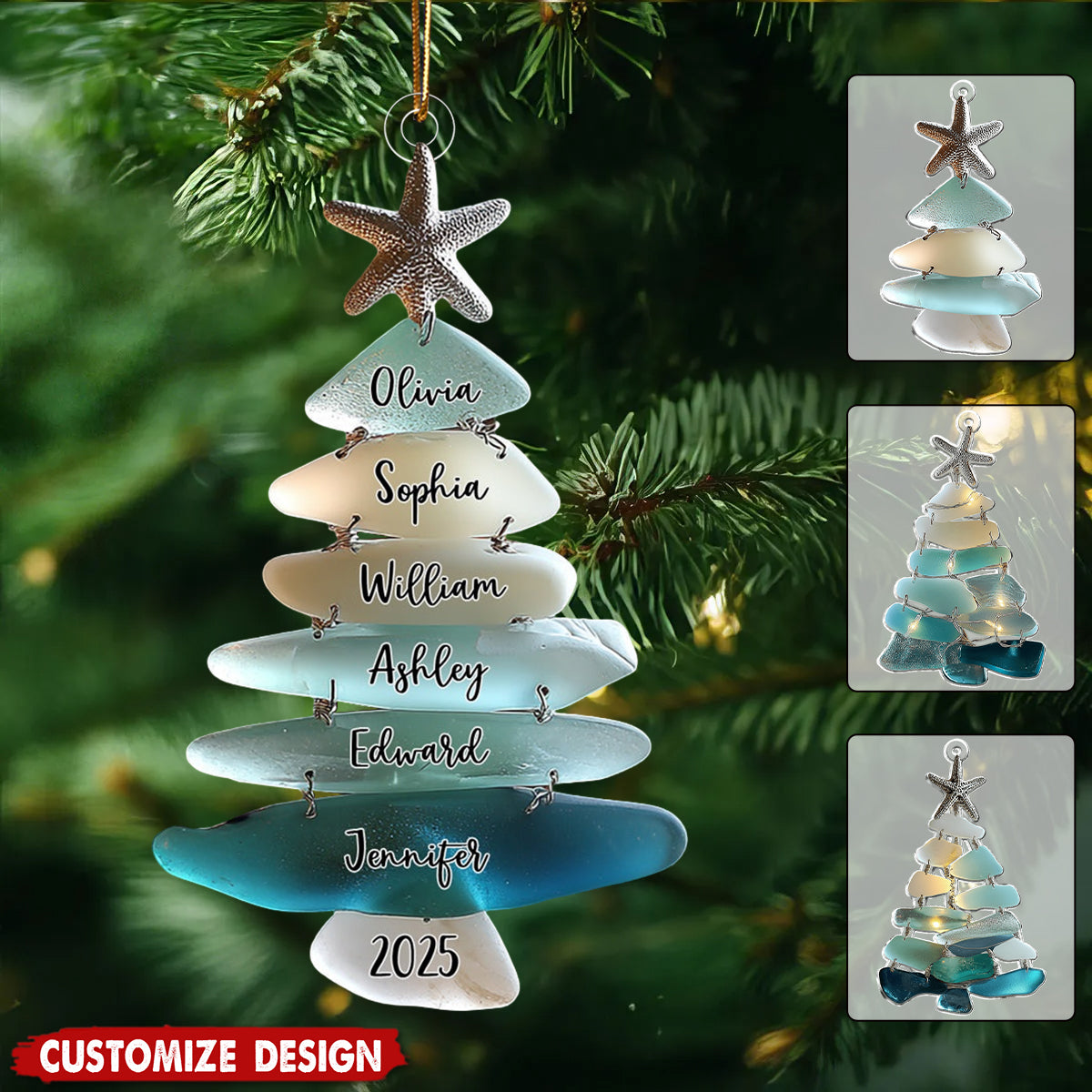 Family Name Sea Glass Christmas Tree - Personalized Family Ornament