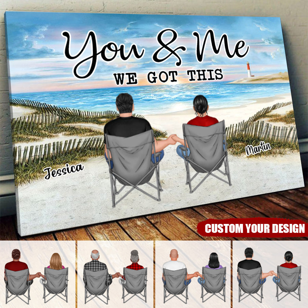 Personalized Back View Couple Sitting Beach Landscape Poster You & Me We Got This Personalized Horizontal Canvas Poster