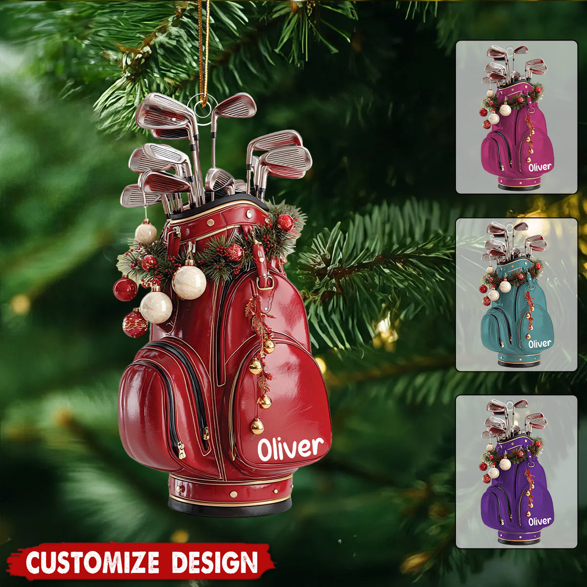 Personalized Golf Bag Christmas Ornament: Custom Name And Color