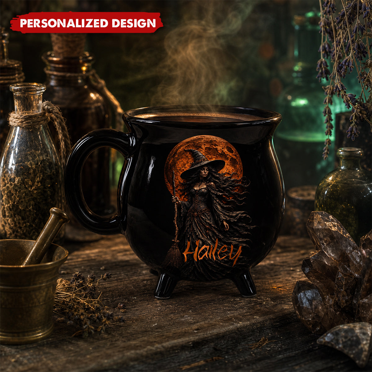 Custom Witchy Cauldron Name Mug, Mystic Witch Halloween Coffee Mug, Black Cauldron Ceramic Cup, Tarot Lover Gift, Cute Witch Themed Mug Gift