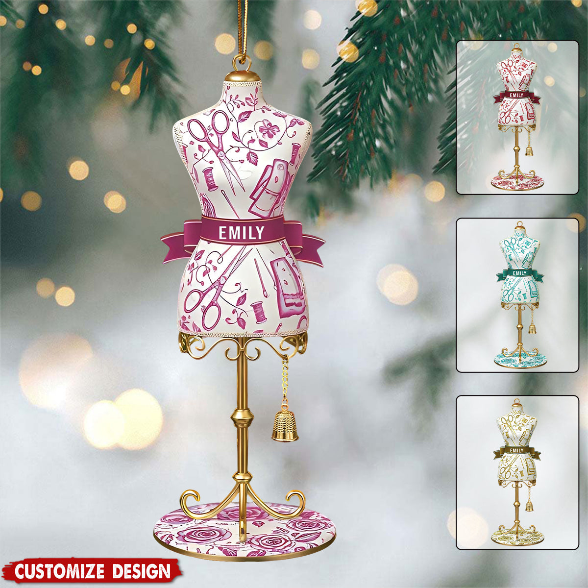 Personalized Toile De Jouy Dress Form Christmas Ornament - Gift for Seamstress, Tailor, Fashion Designer