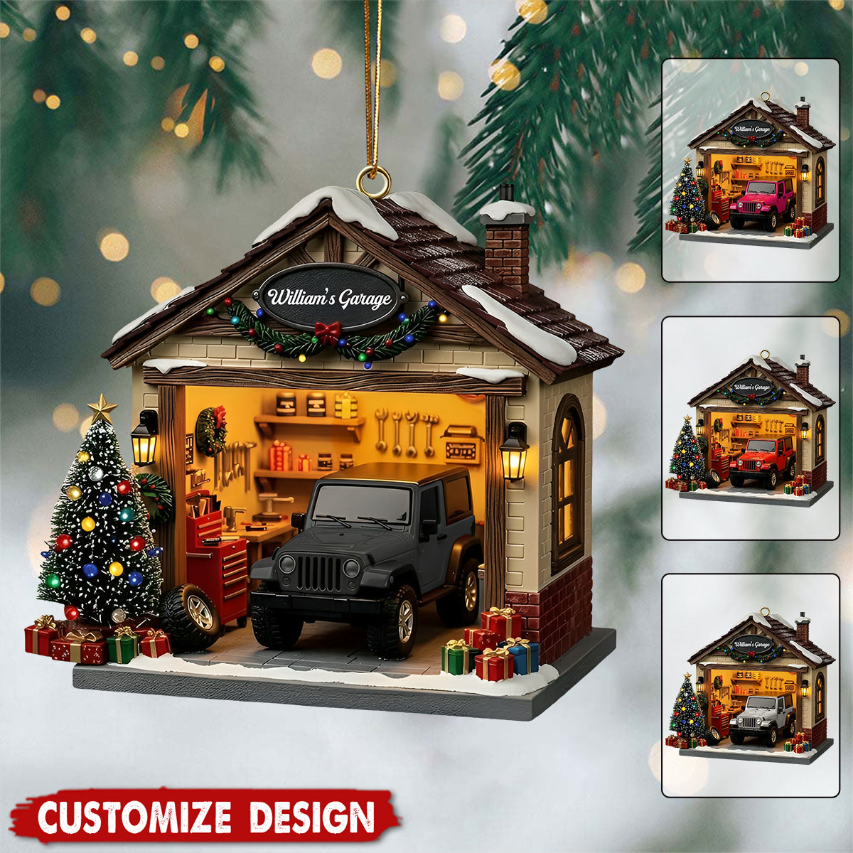 Personalized Garage Scene Christmas Ornament - Gift For Car Enthusiasts