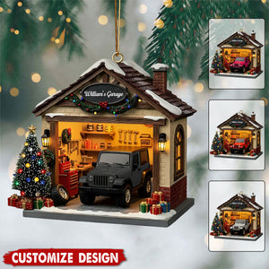 Personalized Garage Scene Christmas Ornament - Gift For Car Enthusiasts