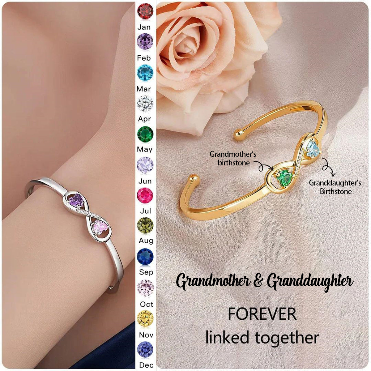 Personalized Grandmother & Granddaughter Infinity Dual Birthstone Bracelet