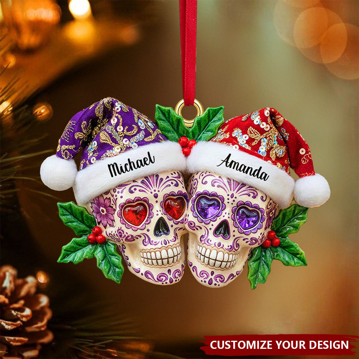 Personalized Christmas Dia de Los Muertos Skull Couple Acrylic Ornament, Gifts For Christmas
