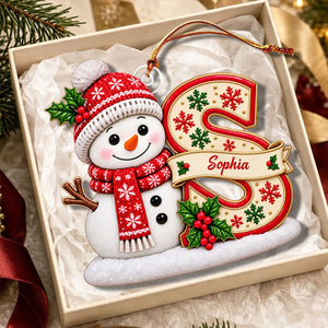 Custom Snowman Initial Christmas Ornament, Personalized Letter Name Bauble