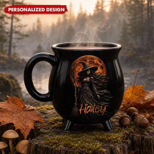 Custom Witchy Cauldron Name Mug, Mystic Witch Halloween Coffee Mug, Black Cauldron Ceramic Cup, Tarot Lover Gift, Cute Witch Themed Mug Gift