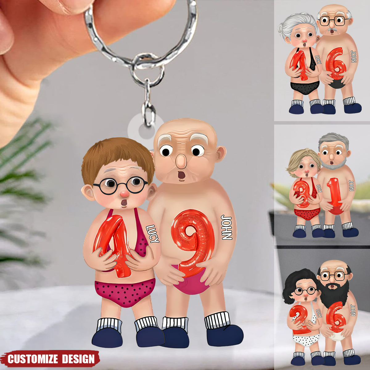 Old Couple Holding Balloons Personalized Acrylic Keychain - Gift For Couple