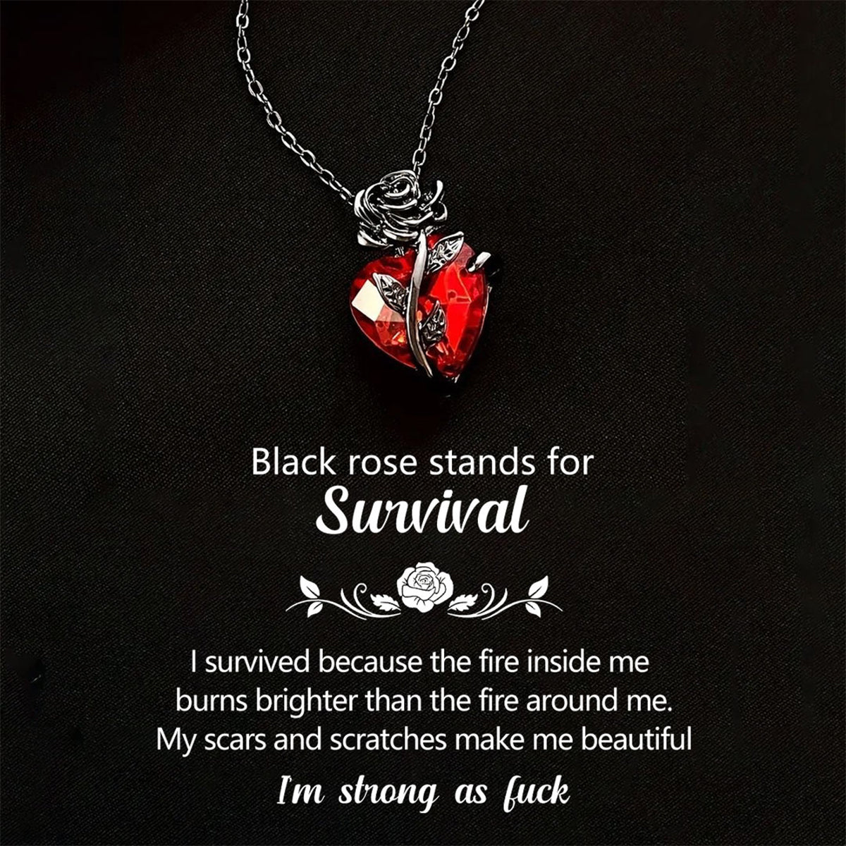 Strong As F*ck Black Rose Heart Necklace