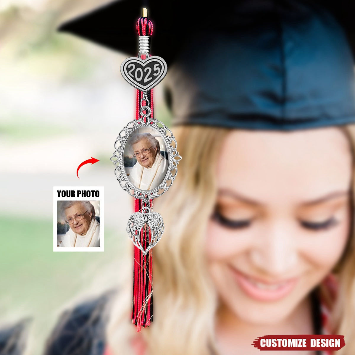 Personalized Graduation Tassel Photo Charm With Angel Wings - Memorial Graduation Gift