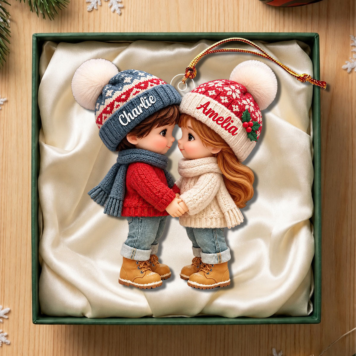 Personalized Acrylic Ornament, Cute Cartoon Couple Holding Hands In A Cozy Christmas Scene