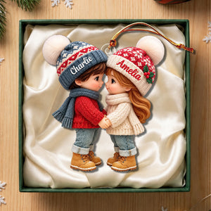 Personalized Acrylic Ornament, Cute Cartoon Couple Holding Hands In A Cozy Christmas Scene