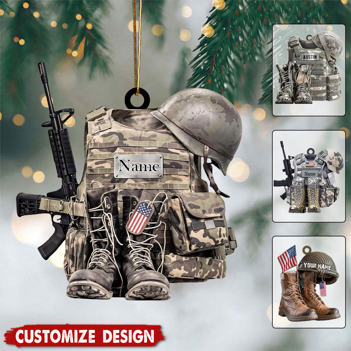 Army Uniform Ornament, Boots & Hat Personalized Ornament, Gift For Dad, Soldier, Veterans, Gift For Dad