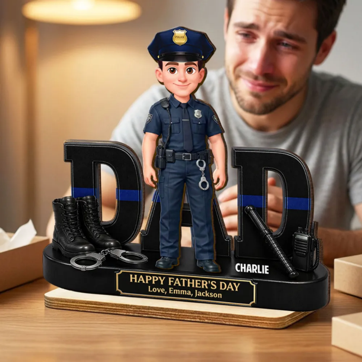 Proud American Police Officer Dad - Personalized Wooden Plaque - Father's Day Gift For Dad