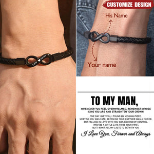 To My Man - Personalized 2 Names Infinity Leather Bracelet - Gift For Couple