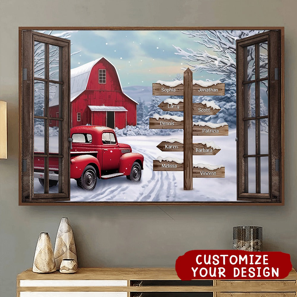 Custom Family Names Red Truck Farmhouse Christmas Poster-Names Premium Canvas Poster