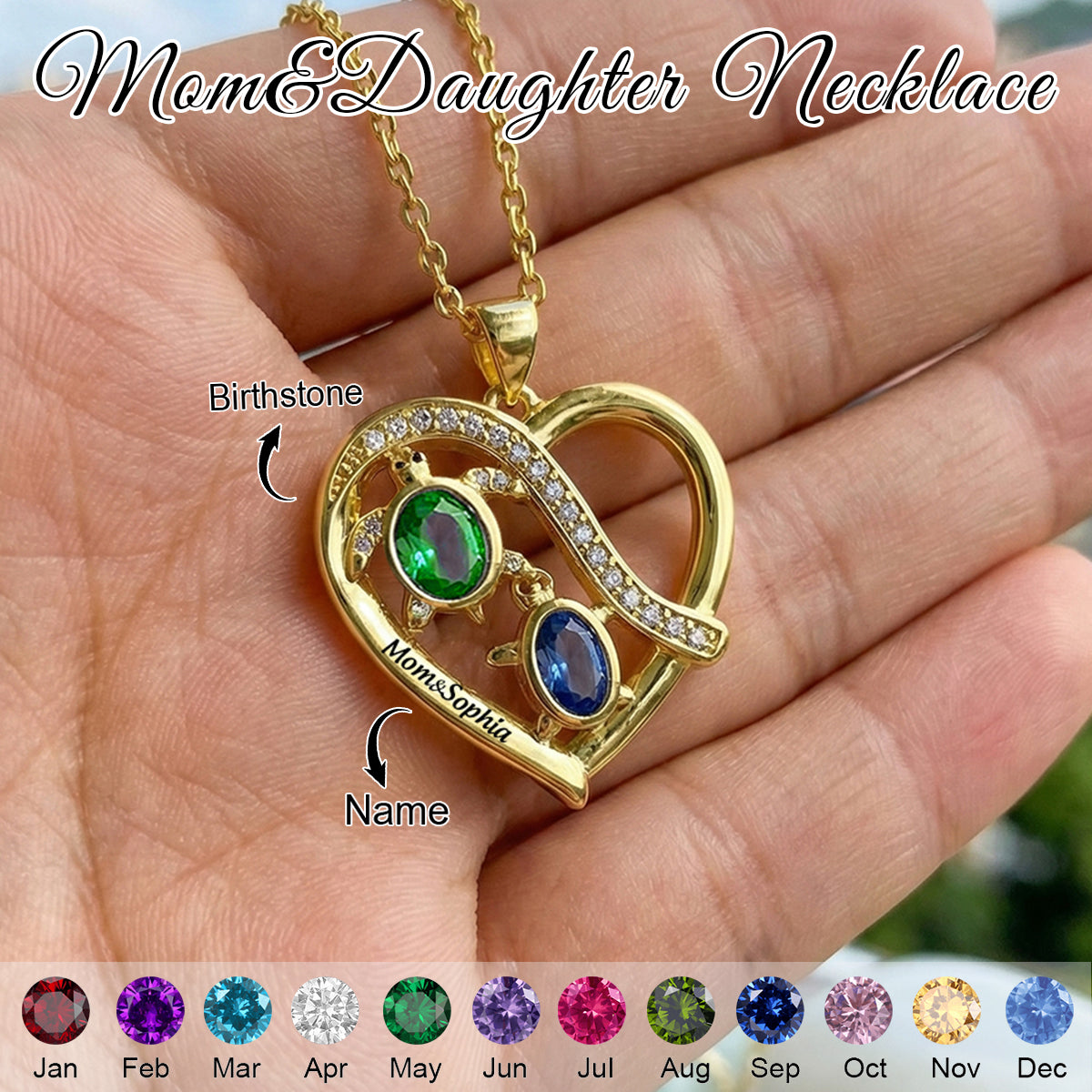 Personalized Mom&Daughter Sea Turtle Birthstone Name Heart Necklace - Gift For Mom Daughter