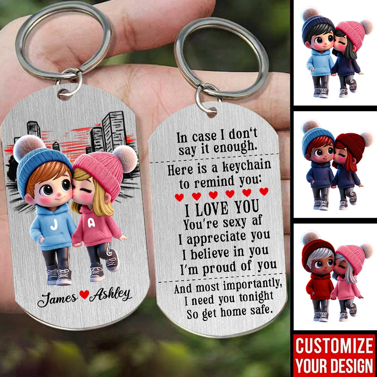 Cute Cartoon Couple Walking Personalized Stainless Steel Keychain- Gift For Couple