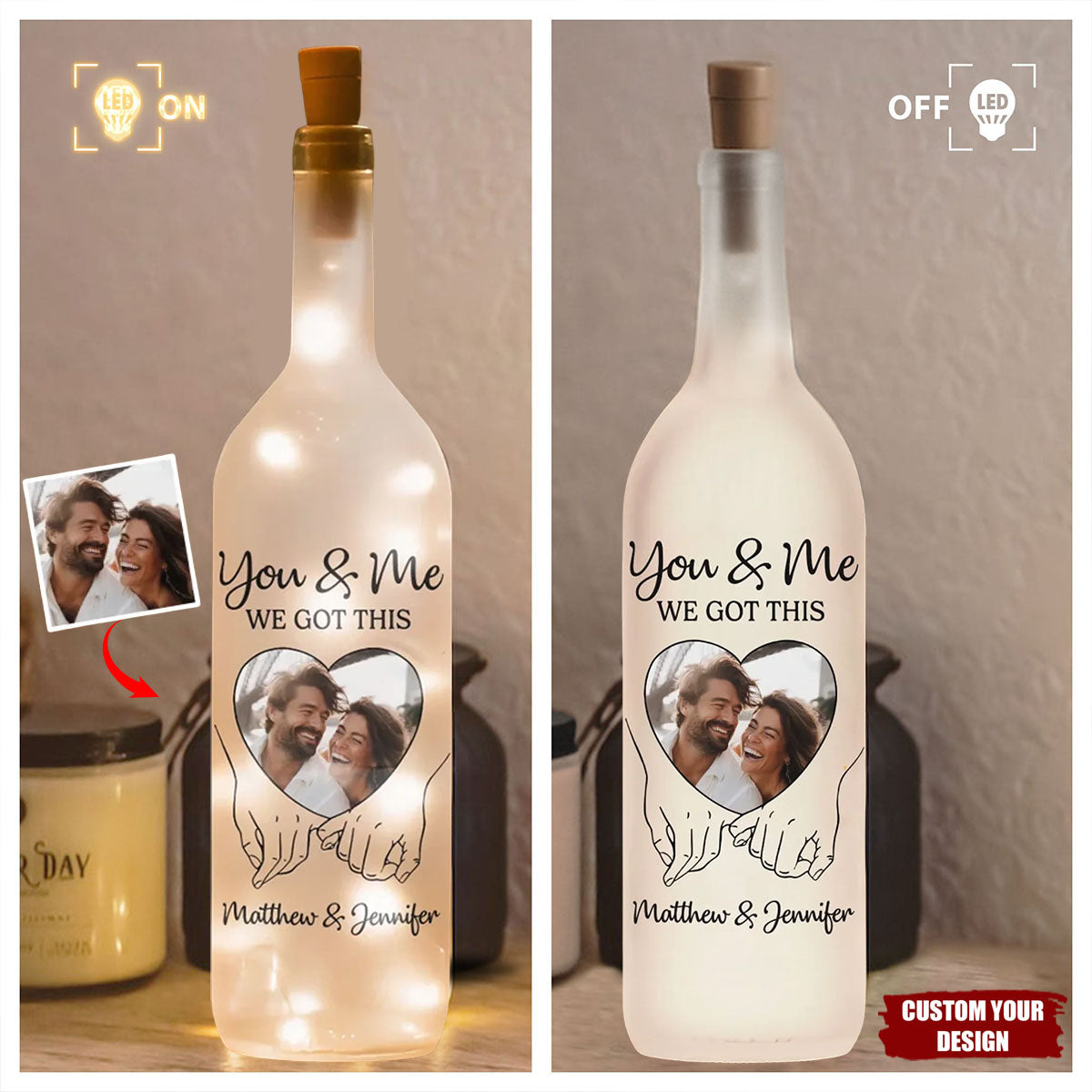 Custom Photo Hand In Hand, We Conquer All - Couple Personalized Custom Bottle Lamp - Gift For Husband Wife, Anniversary