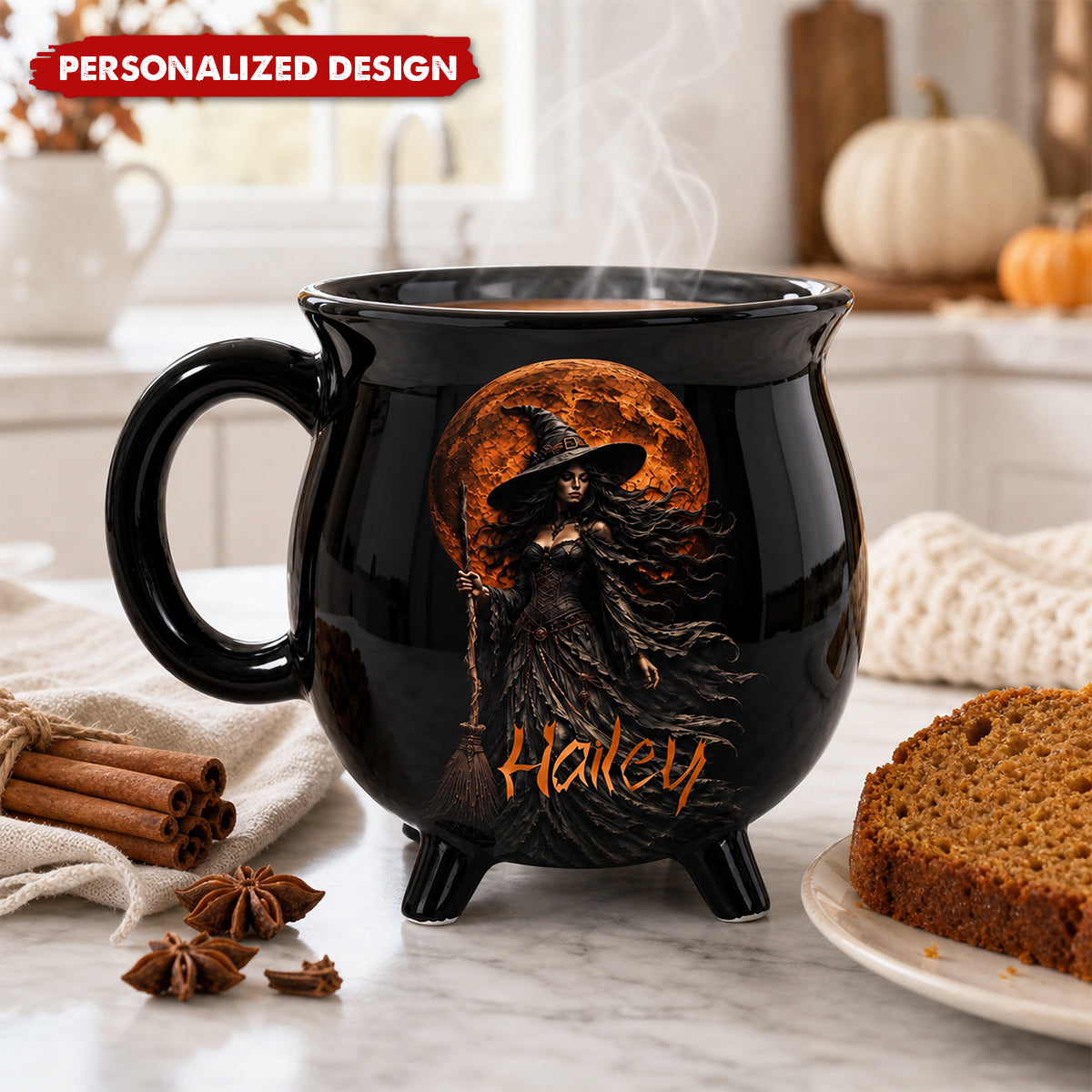 Custom Witchy Cauldron Name Mug, Mystic Witch Halloween Coffee Mug, Black Cauldron Ceramic Cup, Tarot Lover Gift, Cute Witch Themed Mug Gift