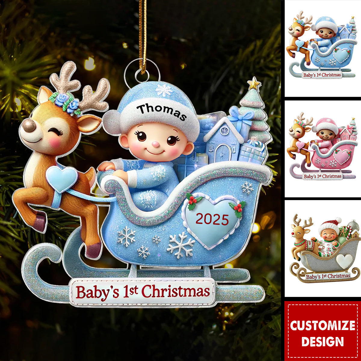 Baby First Christmas Newborn On Sleigh Keepsake Personalized Acrylic Ornament