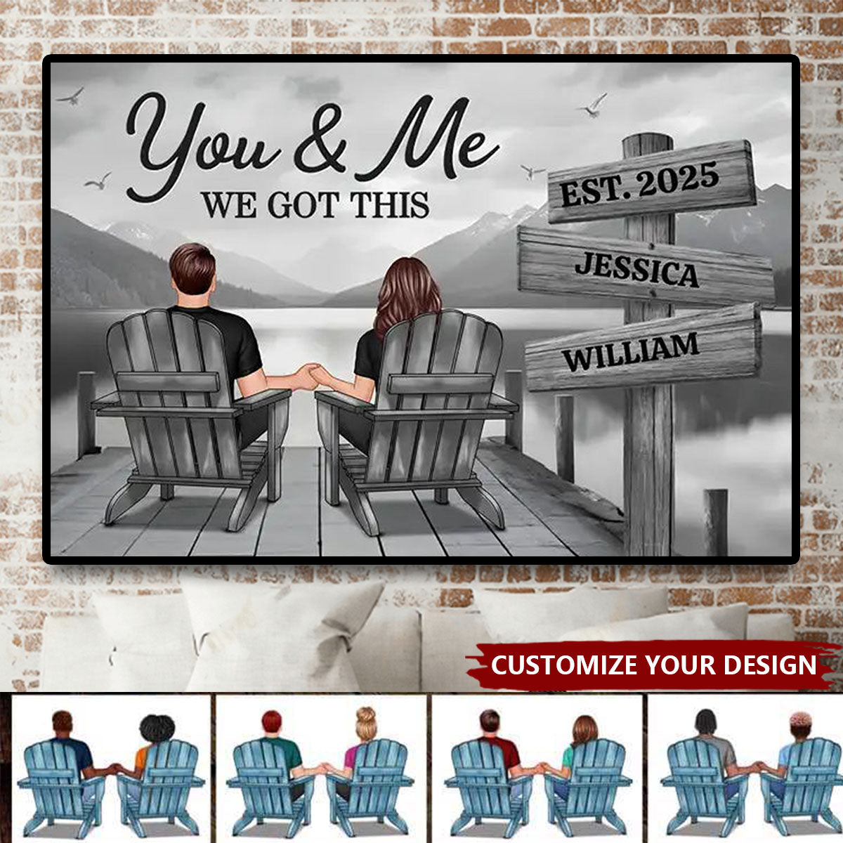 Personalized Seaside Poster Romantic Couple Back View Clear and Sturdy Love Memory Wall Décor Gift