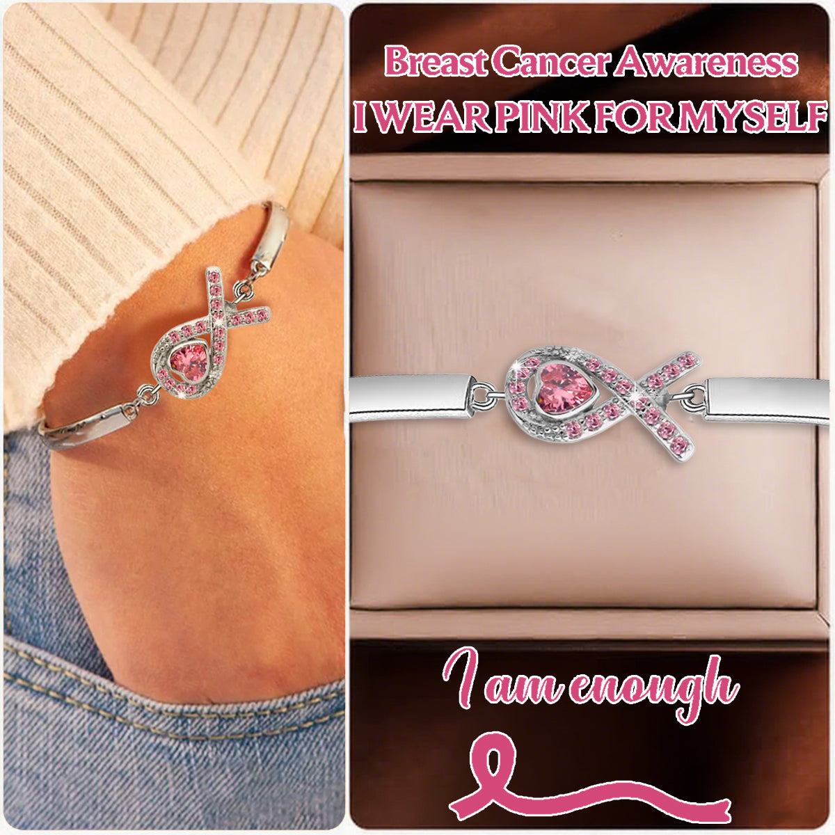 Breast Cancer Awareness Pink Heart Ribbon Bracelet