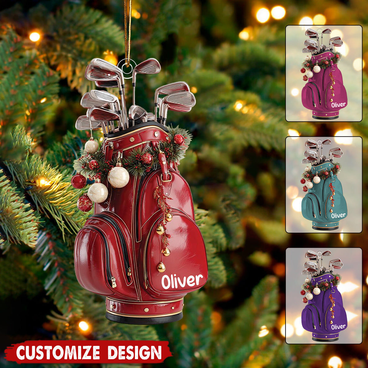 Personalized Golf Bag Christmas Ornament: Custom Name And Color