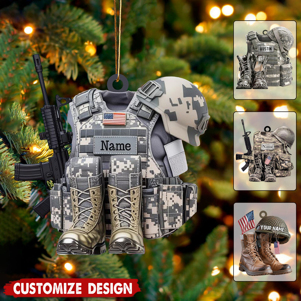 Army Uniform Ornament, Boots & Hat Personalized Ornament, Gift For Dad, Soldier, Veterans, Gift For Dad