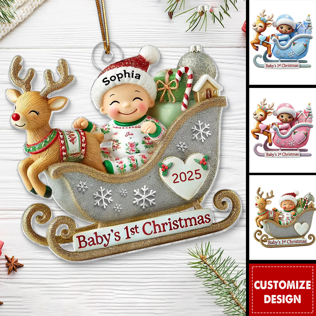 Baby First Christmas Newborn On Sleigh Keepsake Personalized Acrylic Ornament