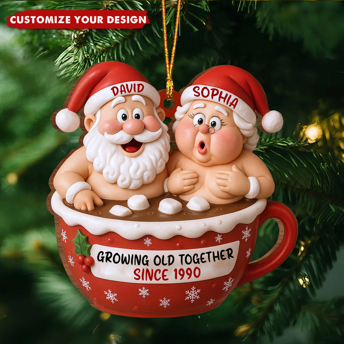 Growing Old Together Santa Claus In Hot Chocolate Cup, Personalized Couple Ornament