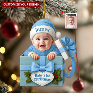 Baby Christmas Gift Box Acrylic Ornament, Personalized Baby Photo Christmas Ornament, Funny Newborn First Christmas Gift