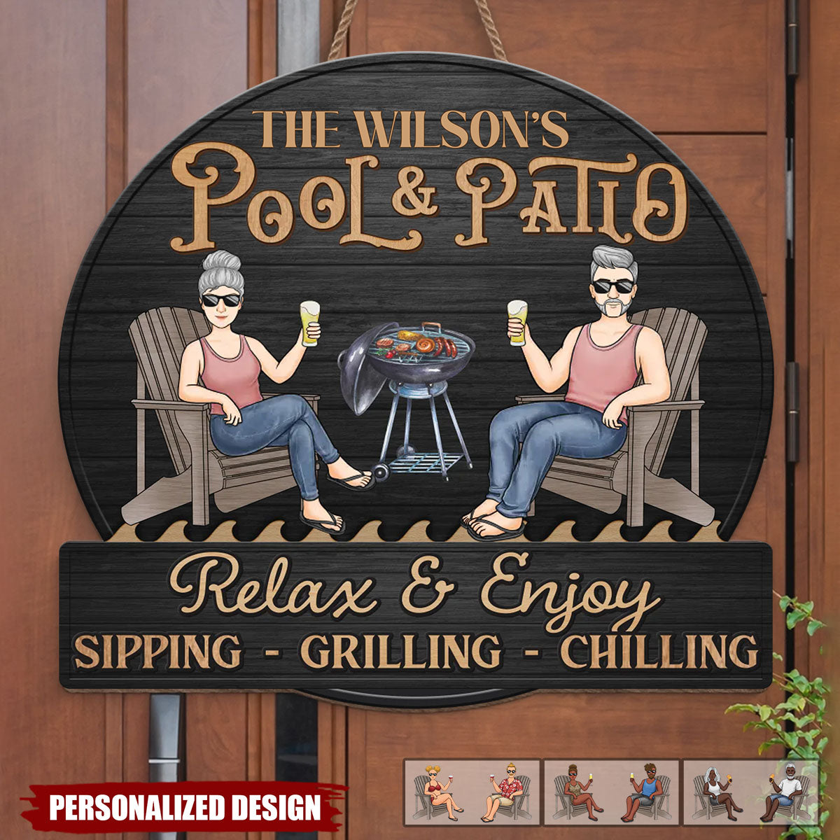 Just A Couple,Pool & Patio Sipping Chilling-Personalized Home Decor Wood Sign-Gift For Couple