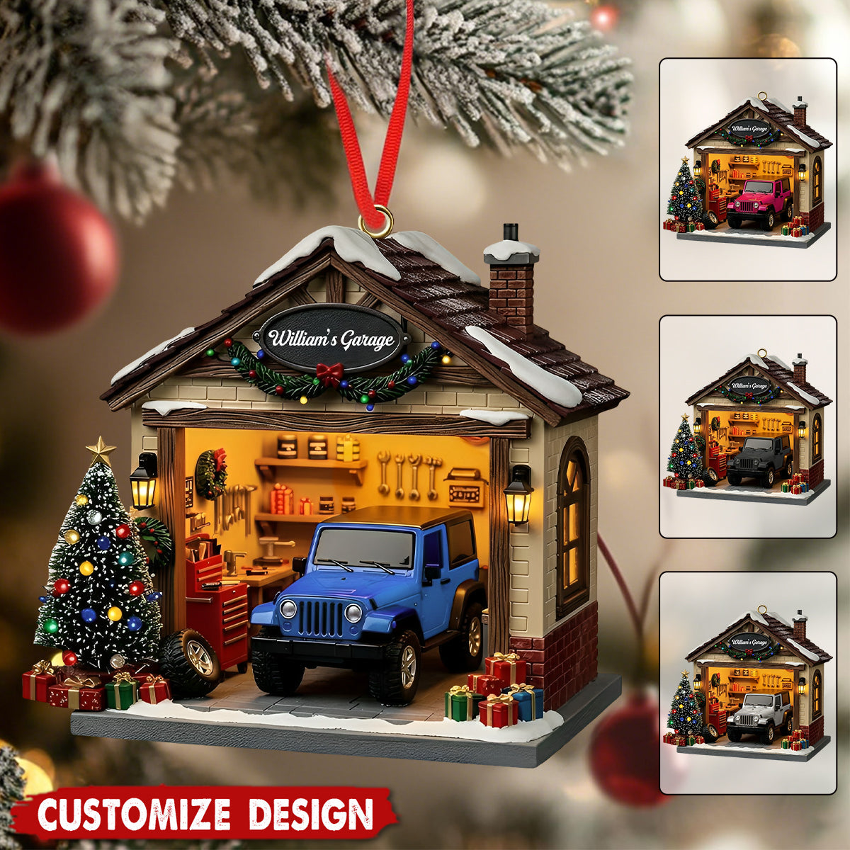 Personalized Garage Scene Christmas Ornament - Gift For Car Enthusiasts