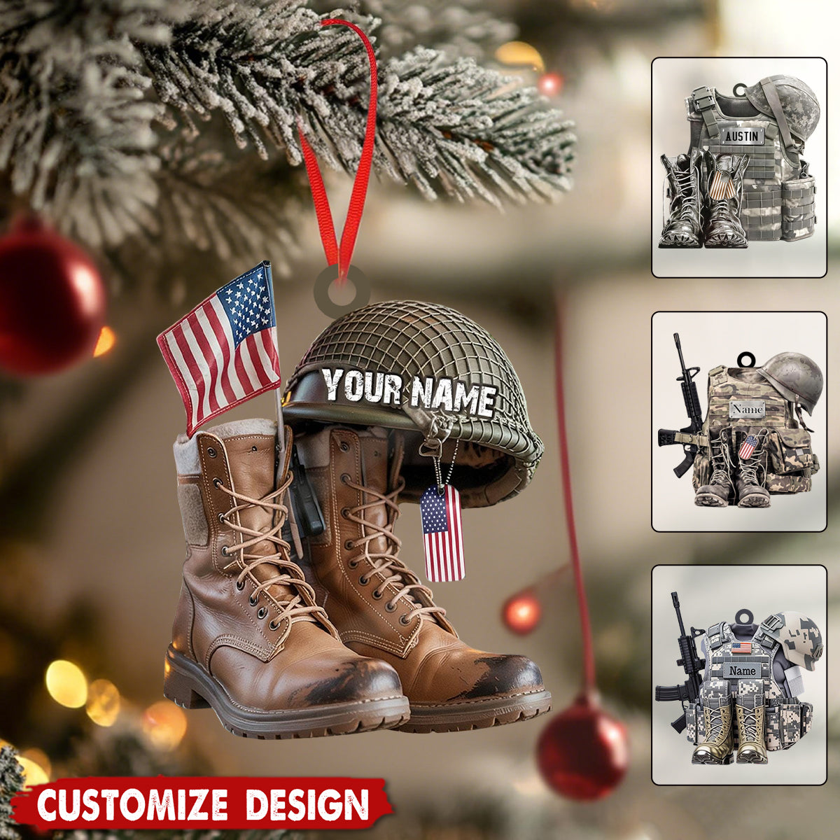 Army Uniform Ornament, Boots & Hat Personalized Ornament, Gift For Dad, Soldier, Veterans, Gift For Dad