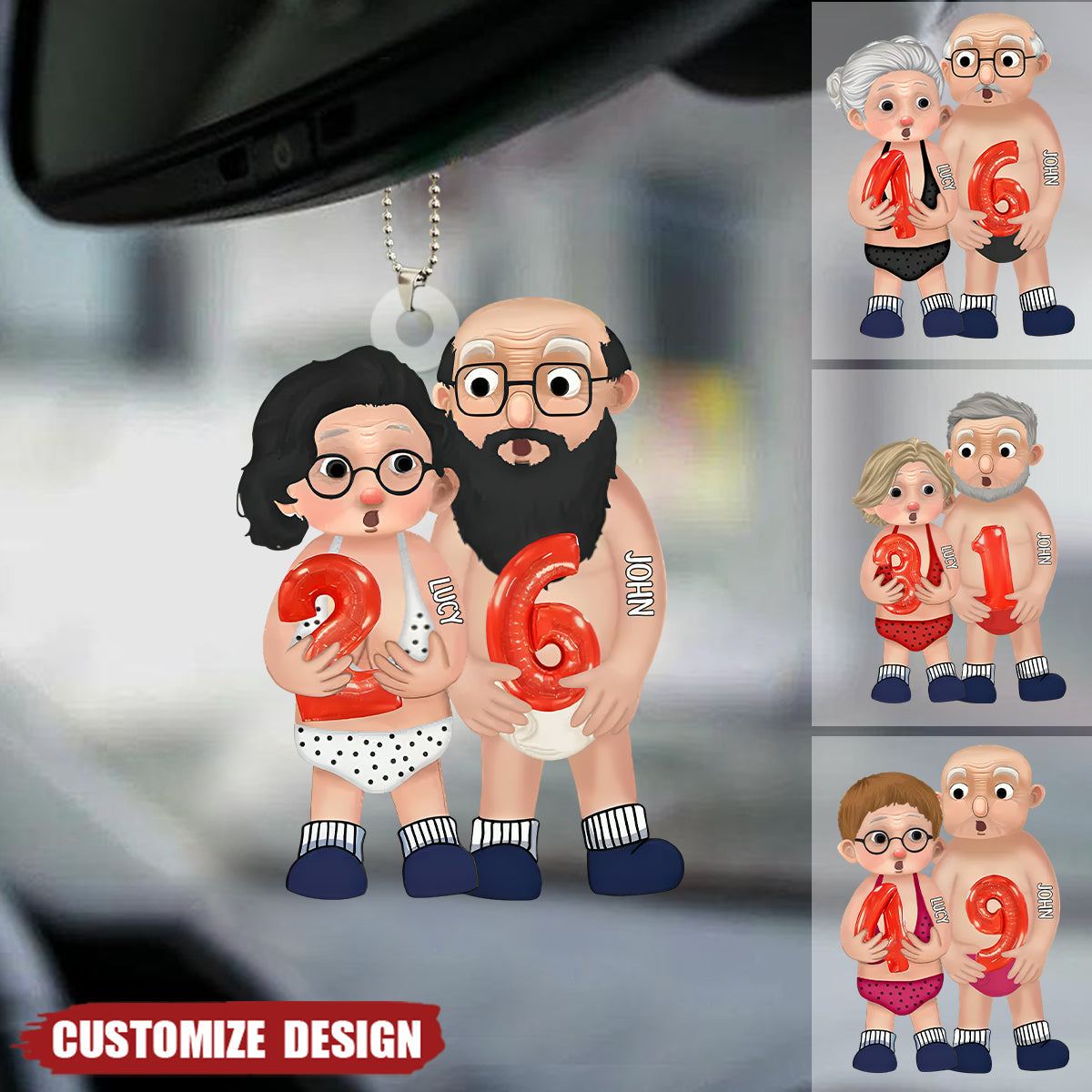 Old Couple Holding Balloons Personalized Acrylic Car Ornament - Gift For Couple