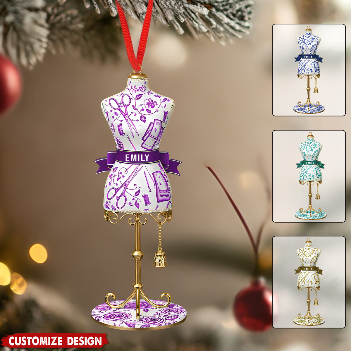 Personalized Toile De Jouy Dress Form Christmas Ornament - Gift for Seamstress, Tailor, Fashion Designer