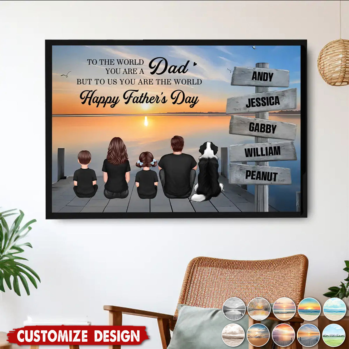 Personalized Back‑View Family Poster – Custom Family & Angel Wings, Sunset Dock Scene