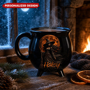 Custom Witchy Cauldron Name Mug, Mystic Witch Halloween Coffee Mug, Black Cauldron Ceramic Cup, Tarot Lover Gift, Cute Witch Themed Mug Gift