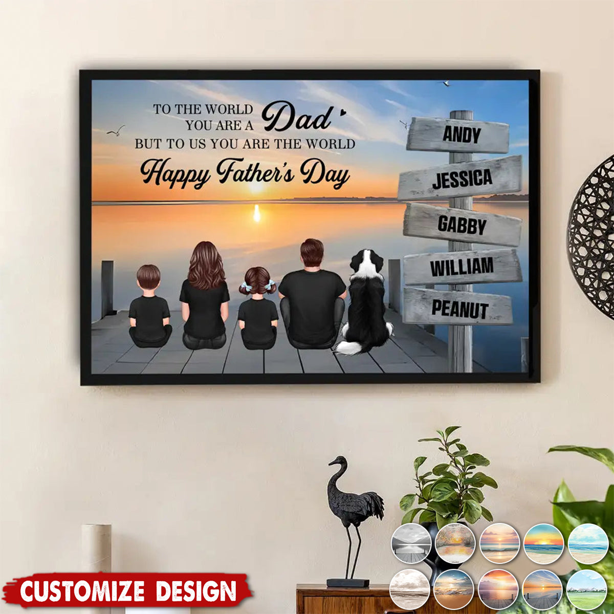 Personalized Back‑View Family Poster – Custom Family & Angel Wings, Sunset Dock Scene