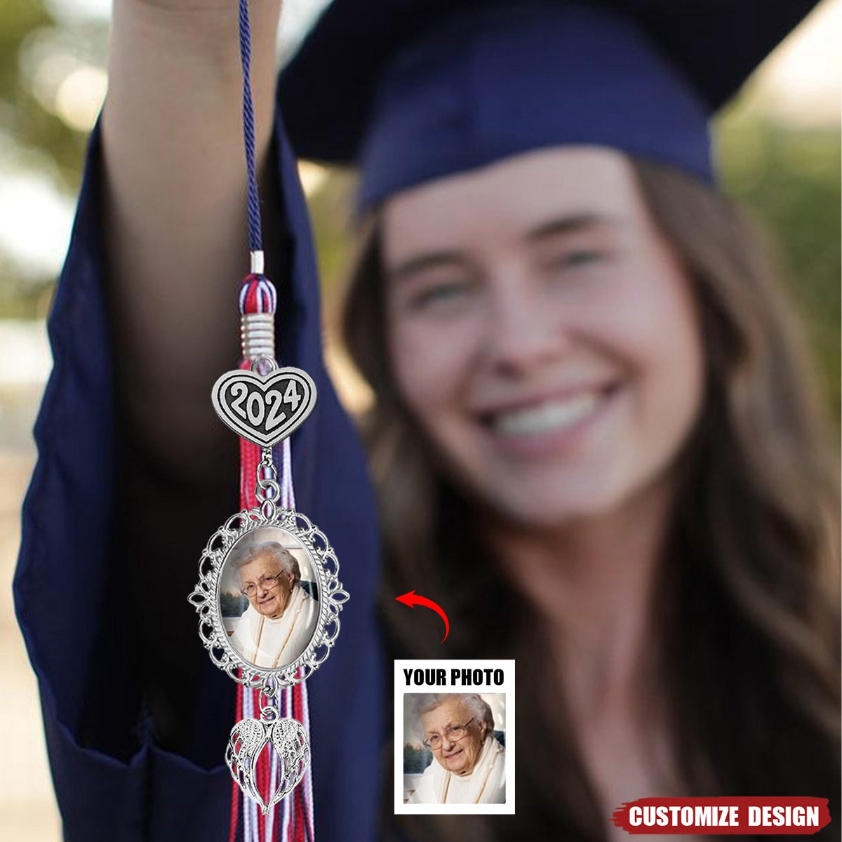 Personalized Graduation Tassel Photo Charm With Angel Wings - Memorial Graduation Gift