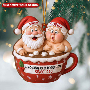 Growing Old Together Santa Claus In Hot Chocolate Cup, Personalized Couple Ornament