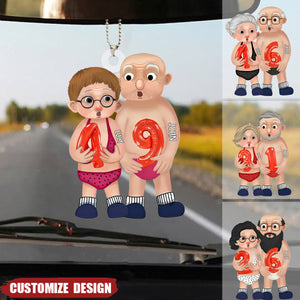 Old Couple Holding Balloons Personalized Acrylic Car Ornament - Gift For Couple