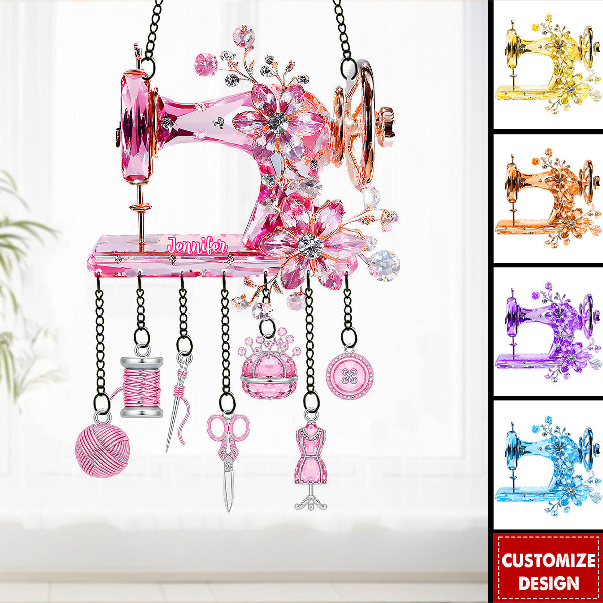 Beautiful Sewing Machine - Personalized Sewing Window Hanging Suncatcher With Charms