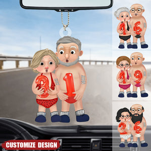 Old Couple Holding Balloons Personalized Acrylic Car Ornament - Gift For Couple