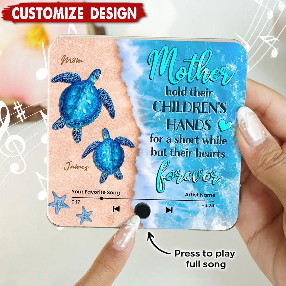 Mothers Hold Their Children's Hands Sea Turtle - Personalized Music Fridge Magnet - Mother's Day Gift For Mom For Grandma
