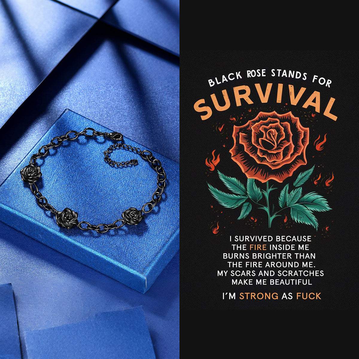 Black rose stands for survival Open Bracelet