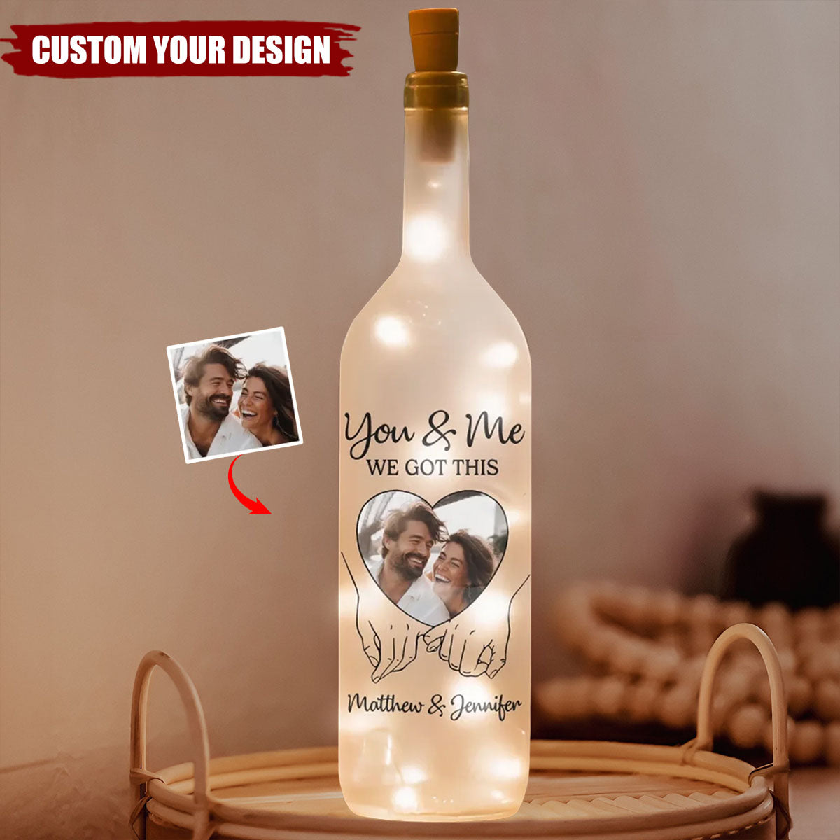 Custom Photo Hand In Hand, We Conquer All - Couple Personalized Custom Bottle Lamp - Gift For Husband Wife, Anniversary
