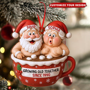 Growing Old Together Santa Claus In Hot Chocolate Cup, Personalized Couple Ornament